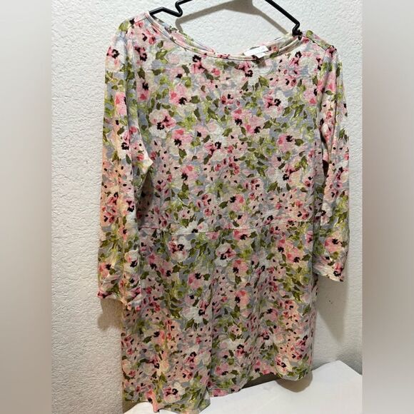 J.Jill Love Linen Floral Tie Keyhole Back 3/4 Sleeve Slubbed Knit Tunic Blouse - Picture 1 of 6